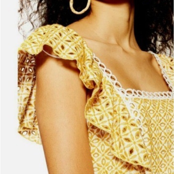 Topshop Yellow Eyelet Ruffle Mini Embroidered Dress size 6 - Picture 1 of 11